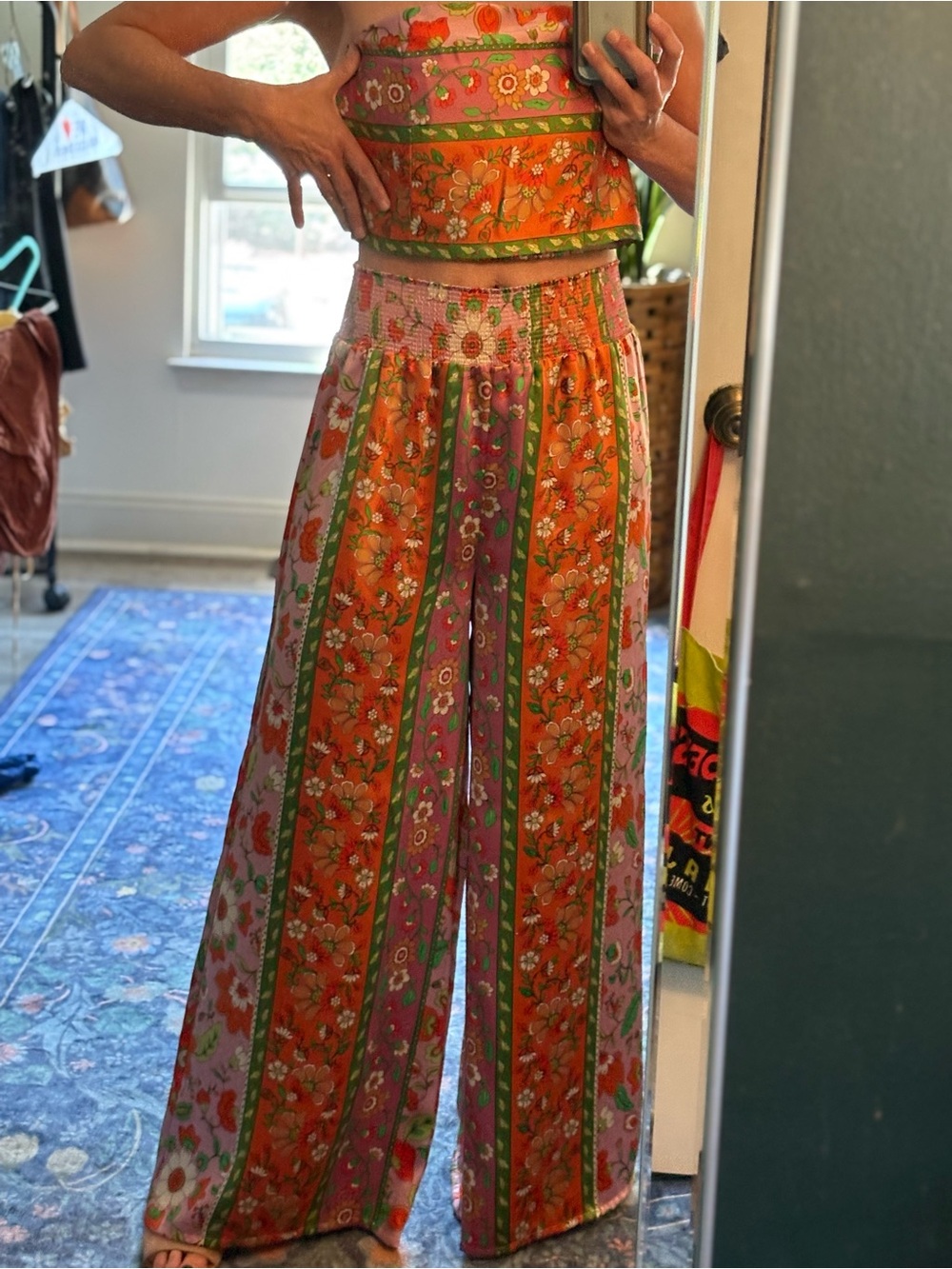 Boho Floral Wide-Leg Pant Set in Orange & Pink - Picture 2 of 6